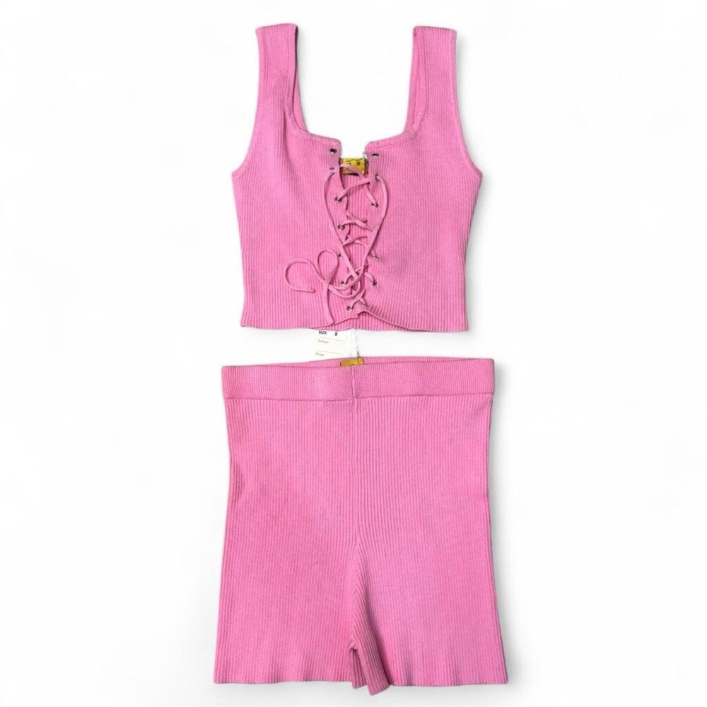 Daisy Pink Ribbed Lace-Up Crop Top and High-Waist Shorts Set
